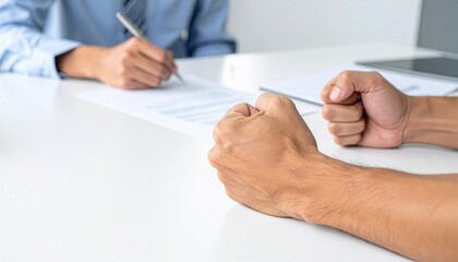 Fototapeta premium Tensed fists, contract signing: close up shot of a tense negotiation scene. Capturing the heated moment of disagreement or stress in a business setting, conveyed by body language.