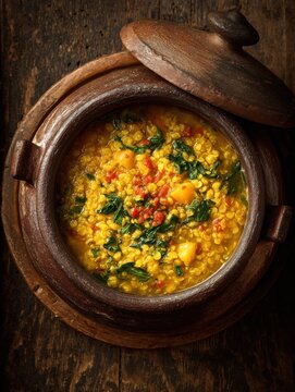 Traditional Ethiopian Kik Alicha Stew in Clay Pot with Yellow Split Peas and Turmeric