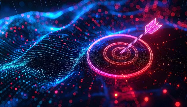 A neon target and arrow set against a futuristic digital backdrop, representing precision and hitting the mark in a technologically advanced environment.