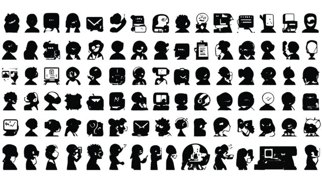 Icons representing various professional roles and technical activities are organized in a grid to serve as a comprehensive set of digital symbols for modern business interfaces and user experiences.