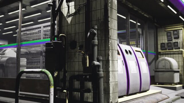 Abandoned metro equipment under dim light corroded generator casing peeling paint scattered debris shadowed tunnel dripping pipes silent atmosphere haunting