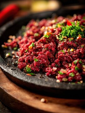 Traditional Ethiopian Kitfo Dish with Spiced Butter Closeup on a Platter