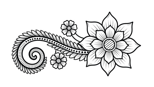 Decorative floral paisley pattern design element with blooming flower and ornate leaves in henna tattoo style hand drawn line art isolated on white background.