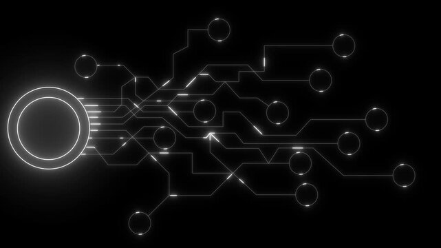 Circuit board with glowing lines showing futuristic digital network connectivity and technology concept.Futuristic Digital Circuit Board with Glowing White Lines and Nodes technology network.
