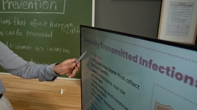 Medium close-up of hand of anonymous female teacher demonstrating slide on screen on sexually transmitted infections during reproductive health lesson in high school classroom