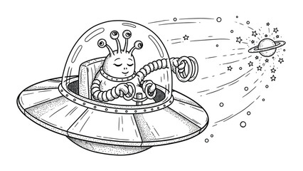 Alien piloting a flying saucer in space, observing a planet with rings and stars, symbolizing extraterrestrial life and space travel. © Yesyx