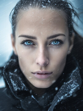 Intensives Winterportr&auml;t einer Frau im Schneesturm &ndash; eisiger Blick, kalte Farben und dramatische Atmosph&auml;re. Cinematisches Beauty-Motiv mit viel copyspace und copy space.