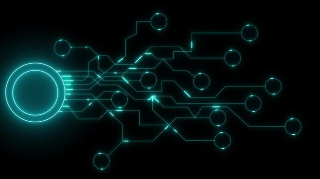 Glowing Cyan Circuit Board Network on Black Background technology digital. Circuit board with glowing cyan neon lines showing digital network connectivity and futuristic technology concept.4k video.