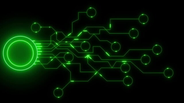Glowing Green Circuit Board Network on Black Background technology digital. Circuit board with glowing green neon lines showing digital network connectivity and futuristic technology concept.