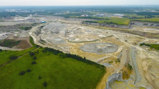 Aerial View of an Open Pit Limestone Quarry With Machinery