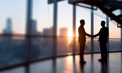 Fototapeta premium Absichtlich unscharfe Business-Szene mit Handschlag im Büro – anonymisierte Personen bei Vertragsgespräch, Motion Blur und geheimnisvolle Corporate-Atmosphäre mit viel copyspace und copy space.