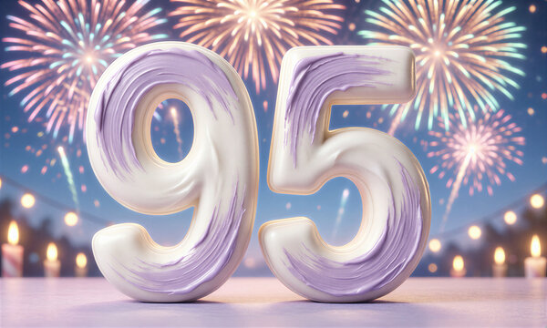 A 95th birthday celebration features large, white and purple numbers, lit candles, and vibrant fireworks exploding in the night sky.