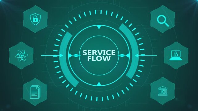 Service Flow Interface with Circular Digital HUD and Corporate Icons on Abstract Technology Background Representing Customer Support System
