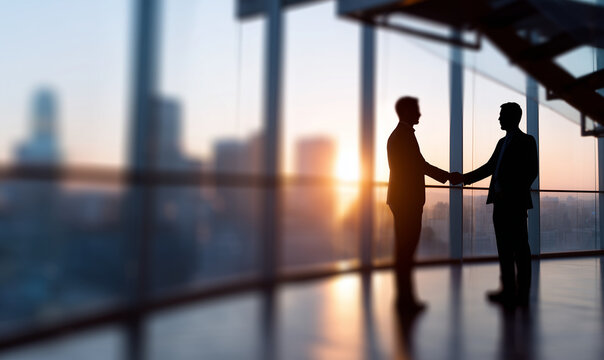 Absichtlich unscharfe Business-Szene mit Handschlag im B&uuml;ro &ndash; anonymisierte Personen bei Vertragsgespr&auml;ch, Motion Blur und geheimnisvolle Corporate-Atmosph&auml;re mit viel copyspace und copy space.