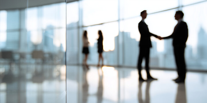 Absichtlich unscharfe Business-Szene mit Handschlag im B&uuml;ro &ndash; anonymisierte Personen bei Vertragsgespr&auml;ch, Motion Blur und geheimnisvolle Corporate-Atmosph&auml;re mit viel copyspace und copy space.