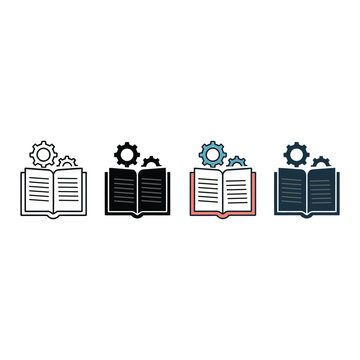 Open book with gears icons representing knowledge and technical education available in outline solid and colorful vector styles.