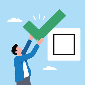 Creative concept showing man placing green tick sign into white checkbox to indicate finished project and successful work progress.