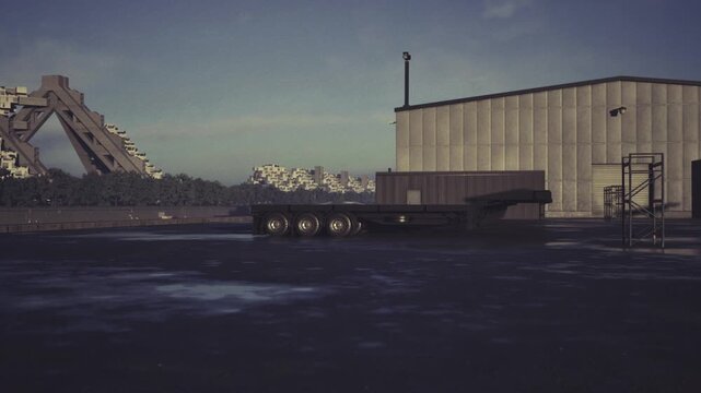 Empty industrial dock under dusky sky, flatbed trailer near warehouse, distant crane silhouettes, wet pavement reflecting muted light, quiet atmosphere
