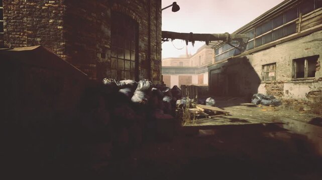 Sunlit derelict yard with passage, scattered bags, broken pallets, distant bridge silhouette, warm golden tones, suggestion of exploration and urban salvage