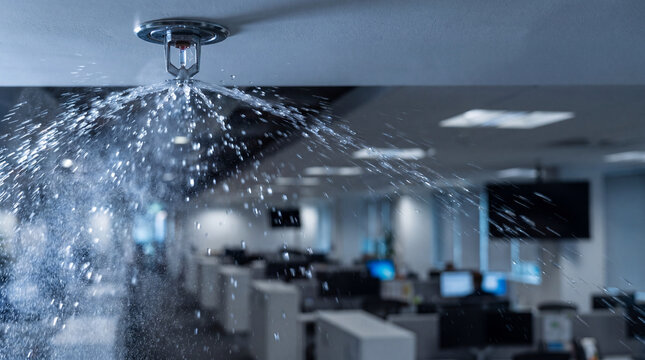 Fire sprinkler activating with water spraying in office ceiling, emergency safety system protecting workspace from fire hazards, modern building interior with desks and computers