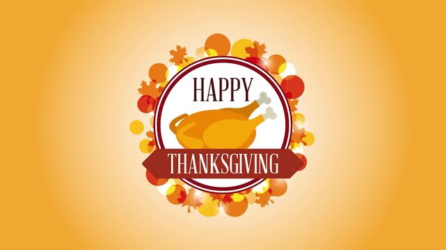 Happy Thanksgiving celebration graphic with roasted turkey and autumn leaves for holiday seasonal greeting cards.