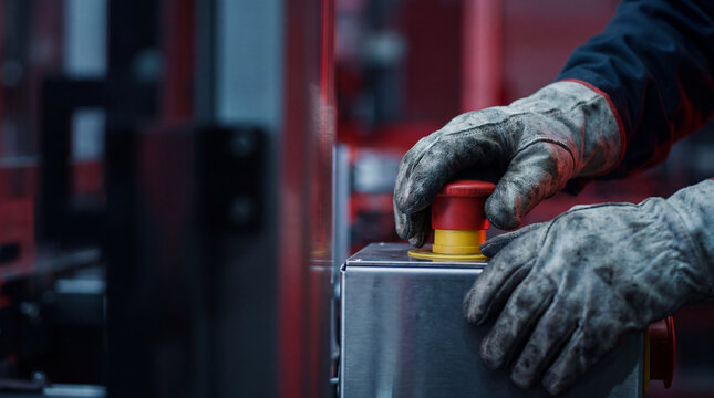 Close up of gloved hands pressing emergency stop button on industrial machine in factory environment showing safety and control