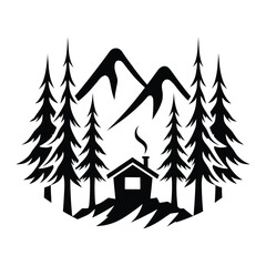 Fototapeta premium Mountain landscape with forest cabin and pine trees silhouette.