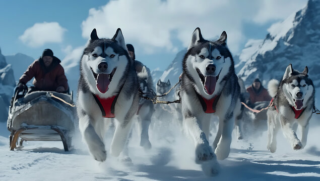 A team of siberian husky dogs pulling a sled with a musher through a snowy mountain pass, capturing the spirit of arctic adventure and winter endurance