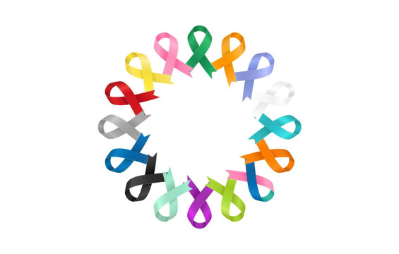 Colorful awareness ribbons form a circle on white background symbolizing support and solidarity for various causes and charities