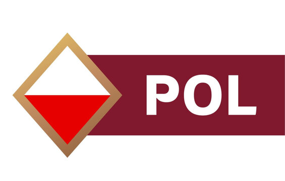 Red and white diamond shaped logo with pol text on maroon background