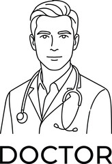 Fototapeta premium Line drawing of medical professional wearing stethoscope and jacket symbolizing healthcare expertise, patient care, and clinical medicine concept