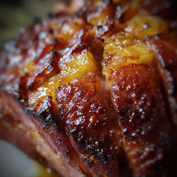 Knuspriger Krustenbraten mit goldbrauner Speckkruste auf Holzbrett &ndash; saftiger Schweinebraten im rustikalen Stil, herzhaft und appetitlich. Viel copyspace und copy space.