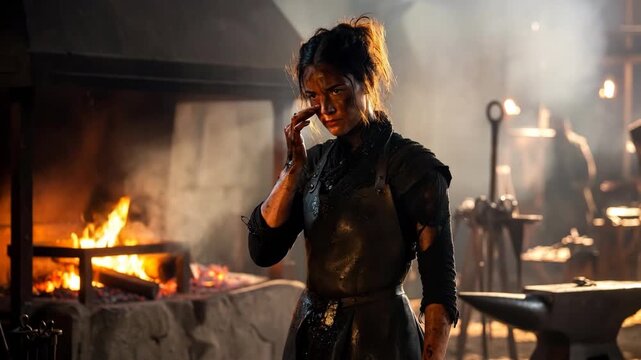 A woman working as a blacksmith, captured in cinematic style, set against a smoky forge background, symbolizing strength and craft