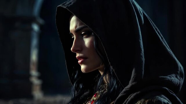 Hooded woman in dramatic close-up, realistic style, set against dark background, expressing mystery and fantasy concept