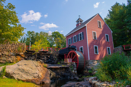 Russell Mill on River Meadow Brook in Russell Millpond in town of Chelmsford, Massachusetts MA, USA. 