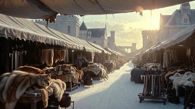 Medieval market street showing fur goods and weapons in a realistic style on a snowy background, concept of historical trade