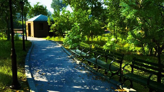 Sunlit gravel path through park leads past wooden bench and lamppost under dense tree canopy, dappled shadows across walkway, small pavilion at end, calm