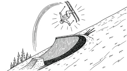 Dynamic black and white line art of a skier performing an aerial trick over a half-pipe on a snowy mountain slope, extreme winter sports action. © Yesyx