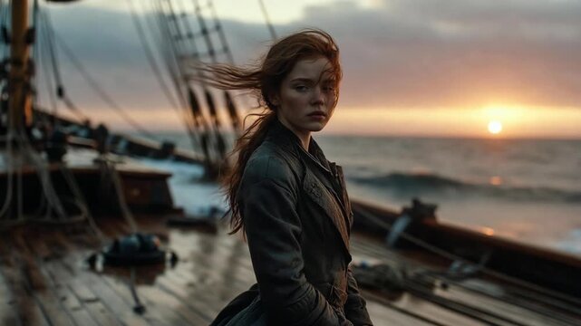 A woman standing on a wooden ship deck at sunset, cinematic style, on a seascape background, concept of adventure and journey