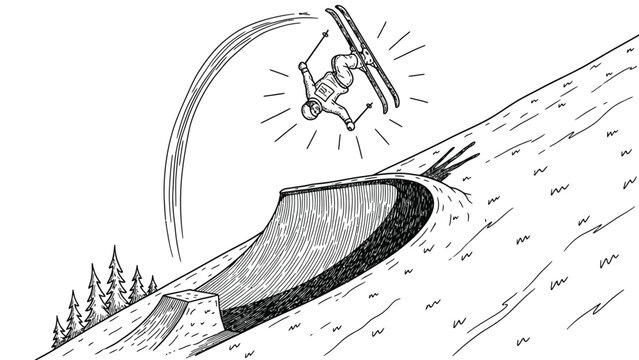 Dynamic black and white line art of a skier performing an aerial trick over a half-pipe on a snowy mountain slope, extreme winter sports action.