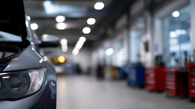 Modern Auto Service Center Interior with Car Maintenance, Repair, and Diagnostics in a Professional Garage Environment with Bright Lights