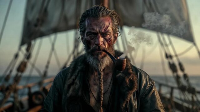 Scarred sailor smoking pipe aboard wooden ship, realistic style, against soft sunset sky, concept of adventure and resilience