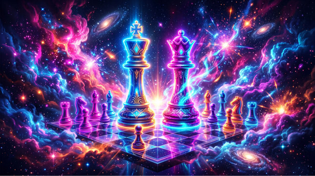 Cosmic neon chess strategy universe with glowing king queen pieces and futuristic galaxy vector artwork for gaming concepts