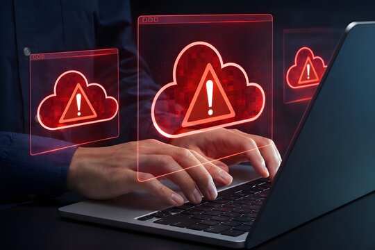 Cloud outage. Incident within cloud infrastructure. Application service unavailable. Businessperson using laptop computer.