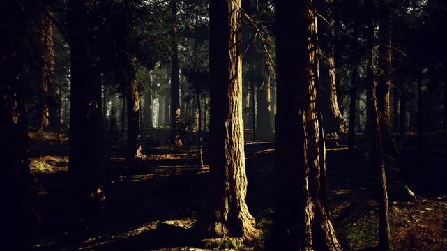 Golden hour forest with warm rays, sunlight slanting between trunks and illuminating moss and ferns with vibrant glow trail runner or hiker implied, energetic