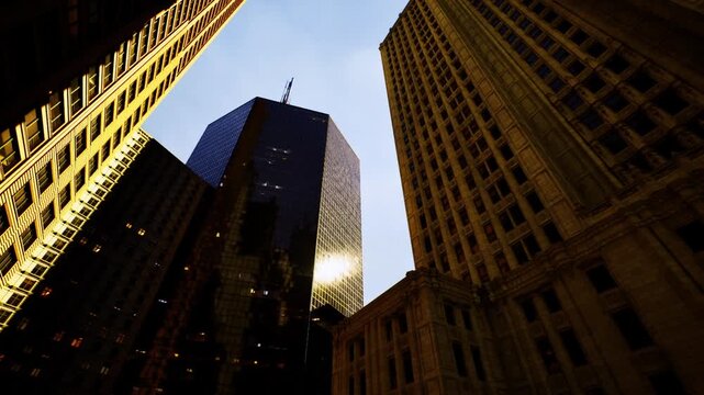 Sunset lit towers forming narrow financial corridor, long shadows and warm reflections carve dramatic lines, corporate highrise environment with busy urban