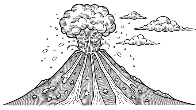 Volcanic eruption scene with molten lava flowing down slopes and ash cloud rising into sky featuring stylized clouds isolated on white background design.