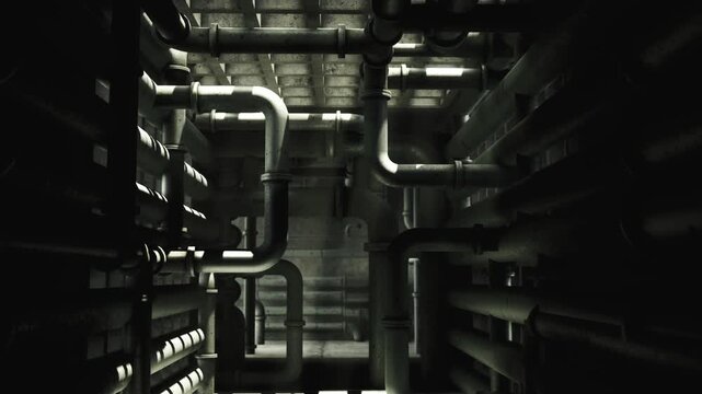Complex pipe network with overhead valves and shafts, lowkey green lighting, heavy metal textures, intersecting conduits and narrow maintenance walkways