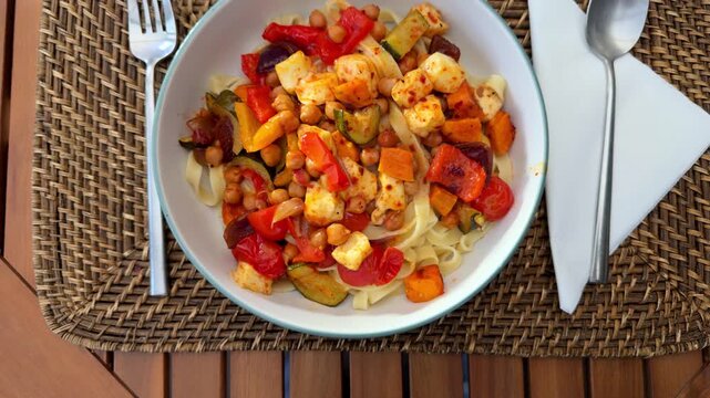 Closeup of a steaming hot dish of baked halloumi cheese, mixed vegetables and chickpeas, on a bed of tagliatelle pasta, in a bowl on a table, with a fork and spoon ready to eat.