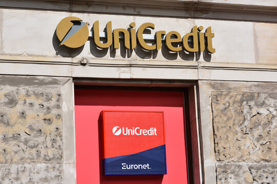UniCredit bank office with signage, logo, emblem on the facade. WARSAW, POLAND - APRIL 30, 2026